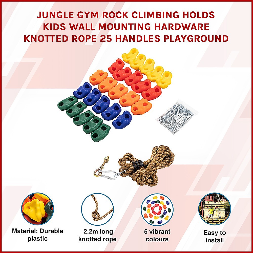 Jungle Gym Rock Climbing Holds Kids Wall Mounting Hardware Knotted Rope 25 Handles Playground - Baby & Kids > Baby & Kid's Toys > Activity Toys